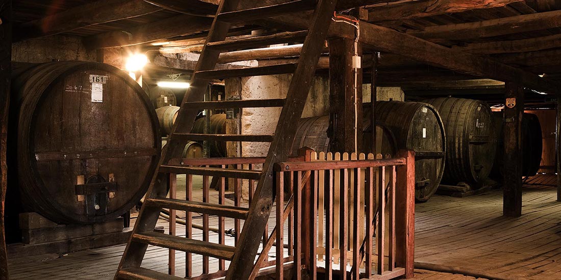 Wine barrels in wine cellar. 